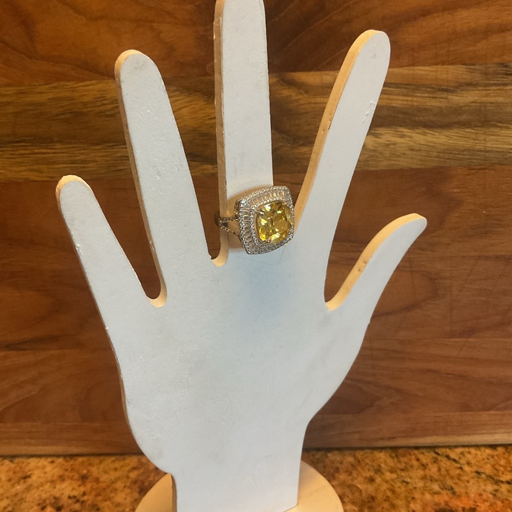 Yellow CZ halo ring with bagette cut clear CZ's. 1990s, hallmarked 925CN FZN
